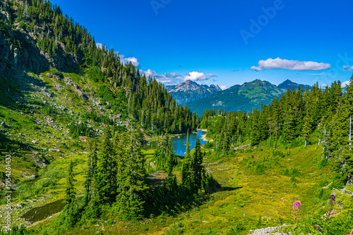 Photography Dense evergreen forest surrounding a blue lake in a valley with rugged peaks in the background