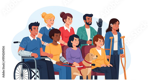 A diverse group of people with disabilities and their service animals in a vector illustration