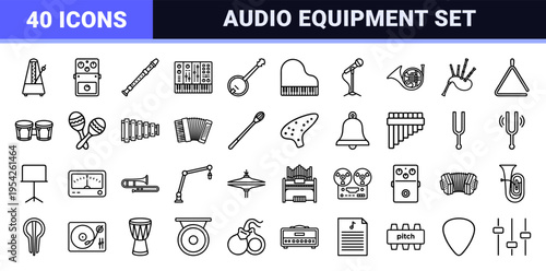 Musical Instruments and Audio Equipment Ultra-Minimalist Monoline Icon Set featuring Geometric Line Art Symbols for Professional Sound Design
