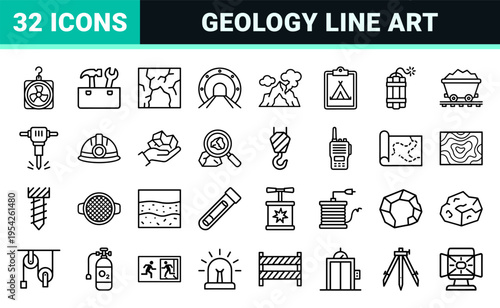 Underground Mining and Geological Exploration Monoline Icons featuring Minimalist Cave, Tunnel, and Mineral Extraction Symbols for Industrial UI.