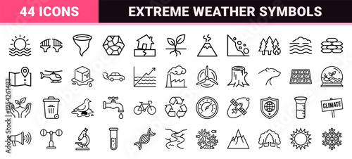 Natural Disaster and Extreme Weather Emergency Response Icons, Ultra-Minimalist Monoline Geometric Line Art Symbols for Climate Safety.