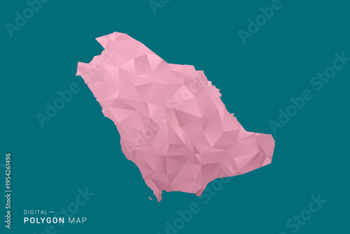 Saudi Arabia polygon map vector illustration in low poly geometric style, soft pastel colors with pink and teal green tones, clean silhouette on solid background, ideal for infographic.