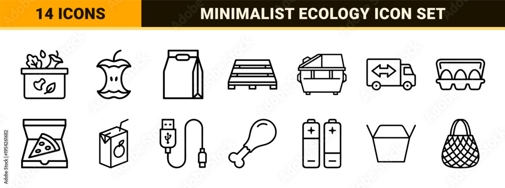 Naklejka premium Sustainable Waste Management and Circular Economy Monoline Icon Set featuring Minimalist Geometric Symbols for Recycling and Ecology.