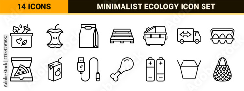 Sustainable Waste Management and Circular Economy Monoline Icon Set featuring Minimalist Geometric Symbols for Recycling and Ecology.