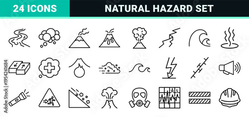 Natural Disaster and Geological Hazard Ultra-Minimalist Monoline Icons featuring Volcanoes, Earthquakes, and Tsunami Warning Symbols