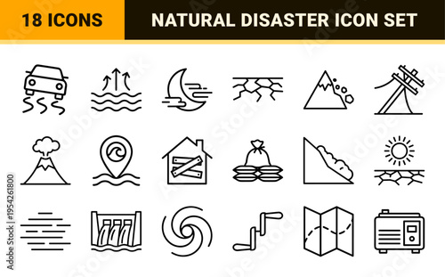 Natural Disaster and Emergency Hazard Warning Icons Featuring Ultra-Minimalist Geometric Line Art for Safety Management and Risk Assessment