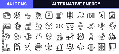 Sustainable Energy and Green Technology Ultra-Minimalist Geometric Outline Icon Set for Environmental Industry and Renewable Power Systems.