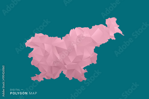 Slovenia polygon map vector illustration in low poly geometric style, soft pastel colors with pink and teal green tones, clean silhouette on solid background, ideal for infographic.