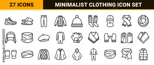 Ultra-minimalist Winter Apparel and Cold Weather Clothing Outline Icons featuring Geometric Monoline Symbols for Seasonal Fashion and Retail.