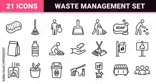 Ultra-Minimalist Monoline Sanitation Icons for Community Cleanup and Waste Management Projects Featuring Geometric Line Art Symbols