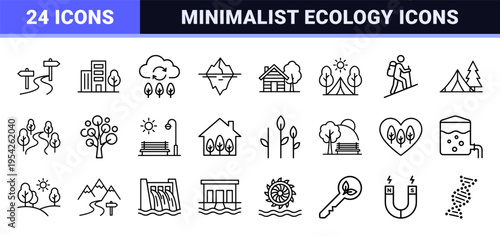 Nature Trail and Eco Conservation Icon Set Featuring Ultra-Minimalist Geometric Outlines for Sustainable Tourism and Environmental Graphics