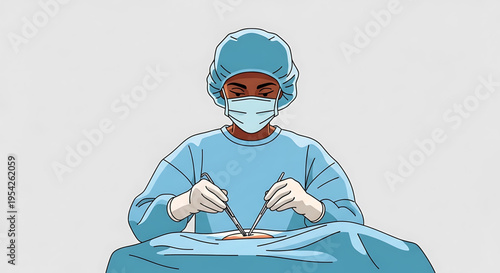 A surgeon in blue scrubs and a mask performs a precise operation with surgical tools.