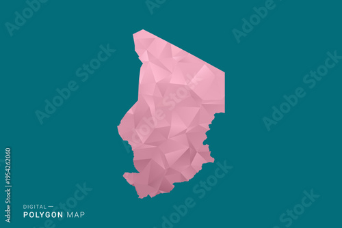 Chad polygon map vector illustration in low poly geometric style, soft pastel colors with pink and teal green tones, clean silhouette on solid background, ideal for infographic.