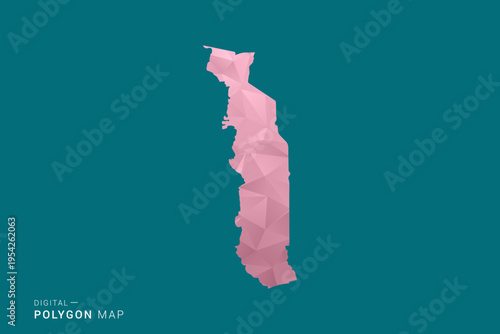 Togo polygon map vector illustration in low poly geometric style, soft pastel colors with pink and teal green tones, clean silhouette on solid background, ideal for infographic.
