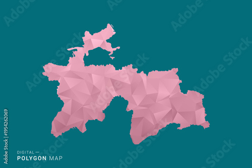Tajikistan polygon map vector illustration in low poly geometric style, soft pastel colors with pink and teal green tones, clean silhouette on solid background, ideal for infographic.