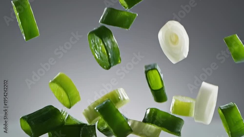 Freshly Chopped Green Onions Falling and Scattering in Slow Motion
