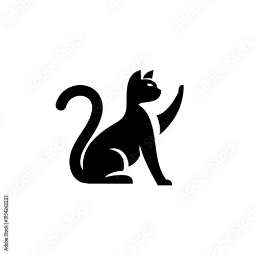 Stylized Black Cat Silhouette Icon with Raised Paw Sitting on White Background