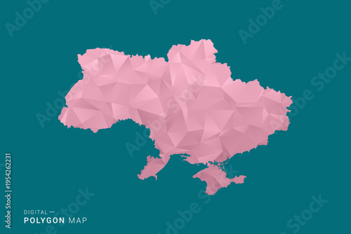Ukraine polygon map vector illustration in low poly geometric style, soft pastel colors with pink and teal green tones, clean silhouette on solid background, ideal for infographic.