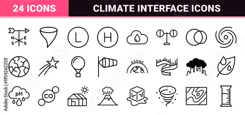 Meteorological Forecasting and Climate Monitoring Interface Symbols: Ultra-Minimalist Geometric Monoline Weather Data Visualization Set