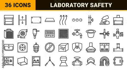 Scientific Laboratory Ventilation and Chemical Safety Icon Set featuring Ultra-Minimalist Geometric Line Art for Research and Engineering.