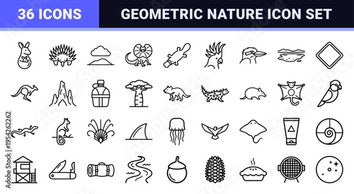 Australian Outback Wildlife and Nature Symbols Featuring Ultra-Minimalist Geometric Line Art Icons for Professional Environmental Design.