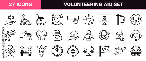 Humanitarian Aid and Non-Profit Volunteering Icon Set, Ultra-Minimalist Monoline Geometric Symbols for Social Support and Charity Foundations