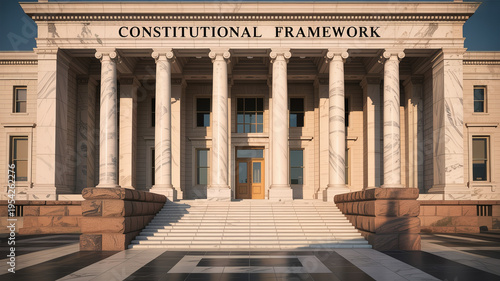 Architectural Grandeur: A stately building with the words Constitutional Framework inscribed upon it, embodying strength and stability. Elegant pillars reach skyward, and steps lead to an entrance.