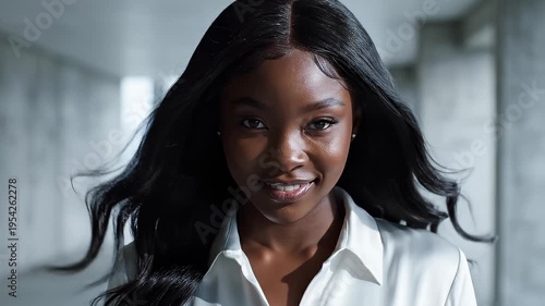 Elegant Black Woman With Long Wavy Hair Smiling Confidently in a Modern Indoor Setting