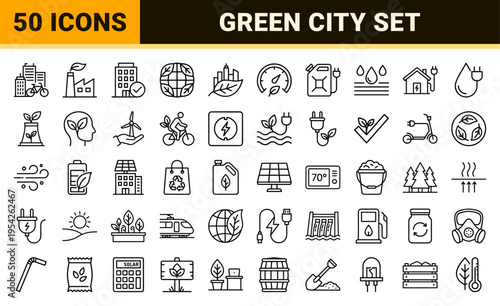 Ultra-minimalist Green City Line Icons featuring Eco-friendly Technology, Renewable Energy Symbols, and Sustainable Urban Infrastructure Graphics.