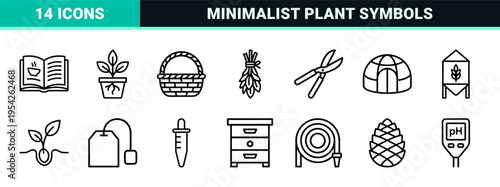 Botanical Science and Herbal Medicine Ultra-Minimalist Monoline Outline Icon Set for Sustainable Agriculture and Laboratory Research Interface.