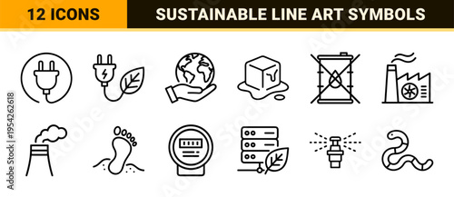 Ecological Conservation and Green Technology Ultra-Minimalist Monoline Outline Icons for Sustainable Energy and Environmental Activism Projects