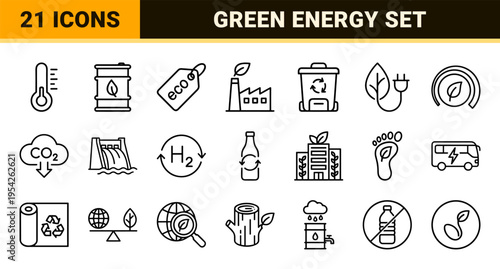 Sustainable Energy and Environmental Ecology Outline Icons: Ultra-Minimalist Geometric Line Art for Green Technology and Conservation Interfaces.