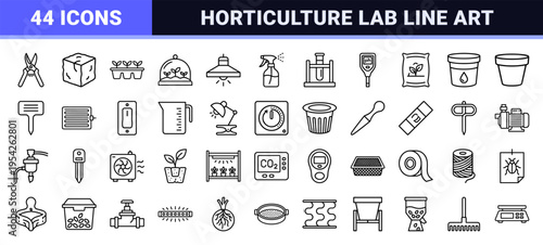 Indoor Plant Propagation and Botany Lab Equipment Ultra-minimalist Monoline Icon Set for Professional Horticultural Science and Research.