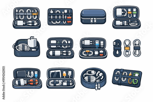 Tech elastic solution organizer vector accessory device travel generation image simple cables