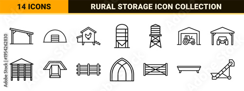 Rural Architecture and Agricultural Barn Collection featuring Ultra-Minimalist Monoline Geometric Line Art for Commercial Farm Storage Niche.