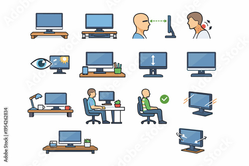 Neck display desk monitor icon angle friendly generation image stand correction vector