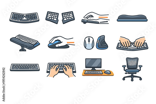 Ergonomic icon key desk position hand ergonomics layout office workflow vector icons