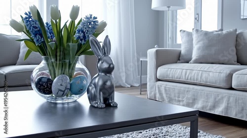 Easter Decorations on Coffee Table With Bunny Figurine and Flowers in Bright Living Room