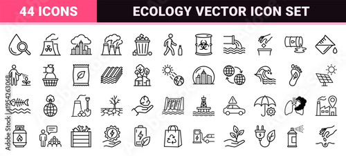 Ecological Impact and Environmental Pollution Ultra-Minimalist Monoline Geometric Line Art Icon Set for Sustainable Industry and Green Energy.