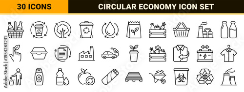 Sustainable Circular Economy Ultra-Minimalist Monoline Icons Featuring Green Energy Waste Management and Eco Friendly Geometric Line Art Symbols