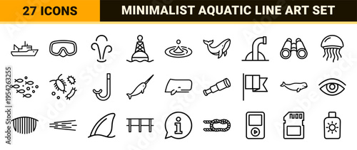 Marine Biology and Cetacean Research Icon Set featuring Ultra-Minimalist Monoline Whale Tails and Oceanographic Symbols in Geometric Line Art.