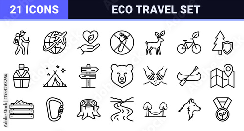 Sustainable Ecotourism and Nature Conservation Linear Icon Set featuring Ultra-Minimalist Monoline Geometric Line Art for Environmental Branding