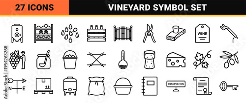 Ultra-Minimalist Monoline Vineyard and Winery Icon Set Featuring Geometric Line Art Symbols for Viticulture Branding and Web Design Interfaces