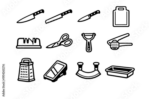 Scissors knife mandoline icon garlic vegetable food vector tool chef box