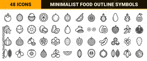 Exotic Tropical Fruit Ultra-Minimalist Monoline Geometric Line Art Icon Set for Organic Food Branding and Healthy Lifestyle Interface Design.