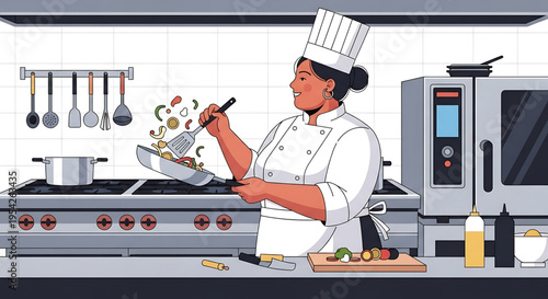 A female chef cooking in a modern commercial kitchen with a frying pan and utensils.