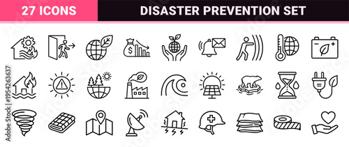 Climate Change and Disaster Management Ultra-Minimalist Monoline Icons for Environmental Sustainability and Emergency Response Planning Systems