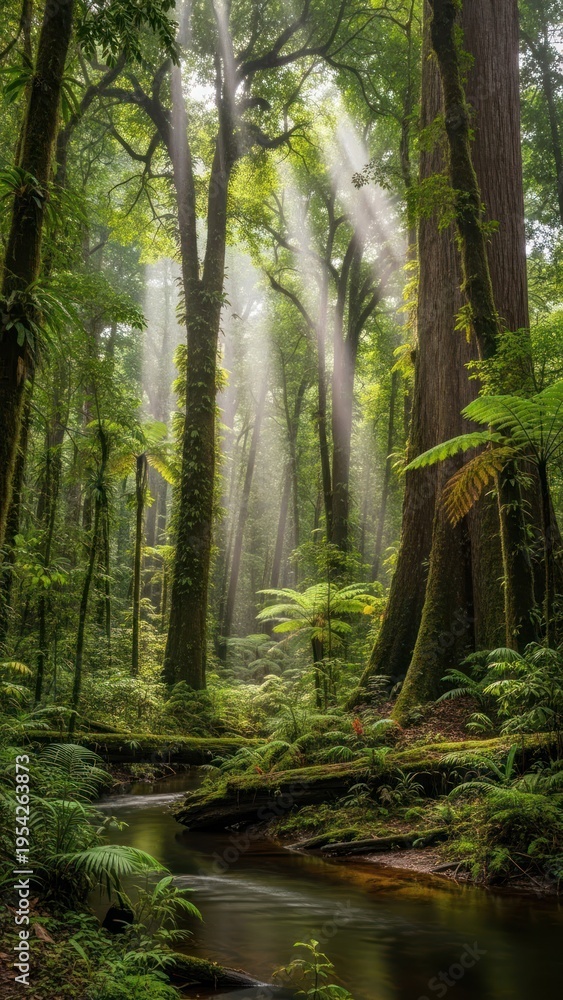 Fototapeta premium Sunlight streaming through a lush green forest with a winding stream.