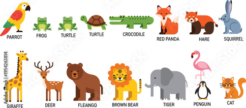 Cartoon animal collection illustration with parrot frog turtle crocodile red panda hare squirrel giraffe deer bear tiger penguin cat flat vector