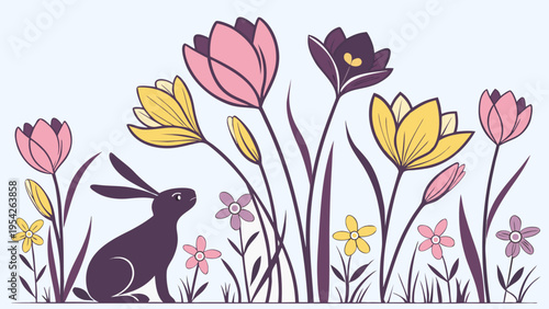 Charming black and white rabbits among colorful flowers. Great for Easter cards, nature illustrations, children’s prints, and decorative spring designs.